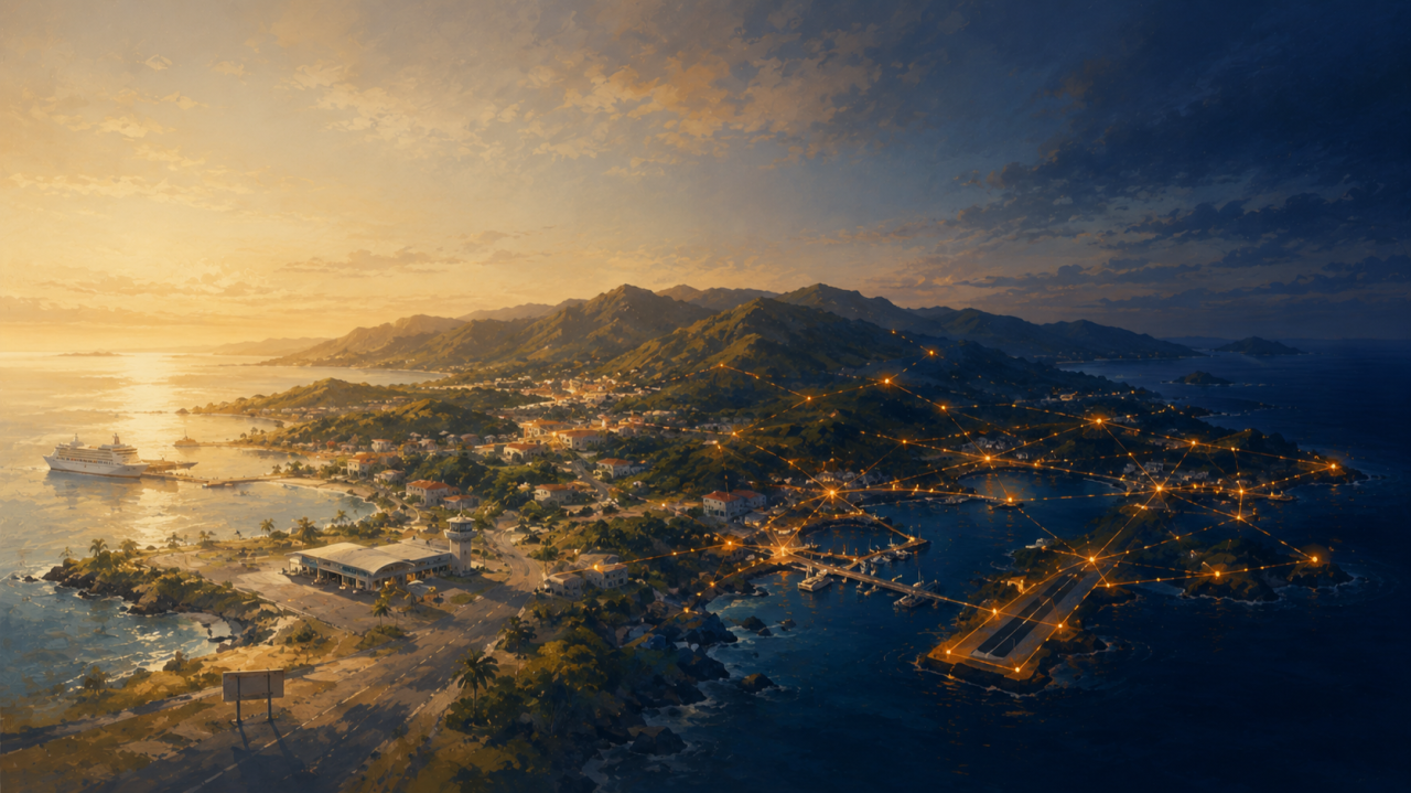 Sunset island with digital connections
