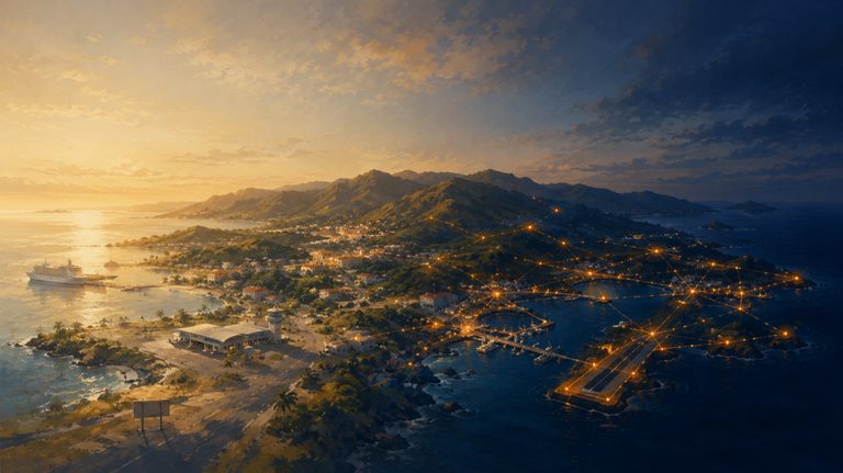 Sunset island with digital connections