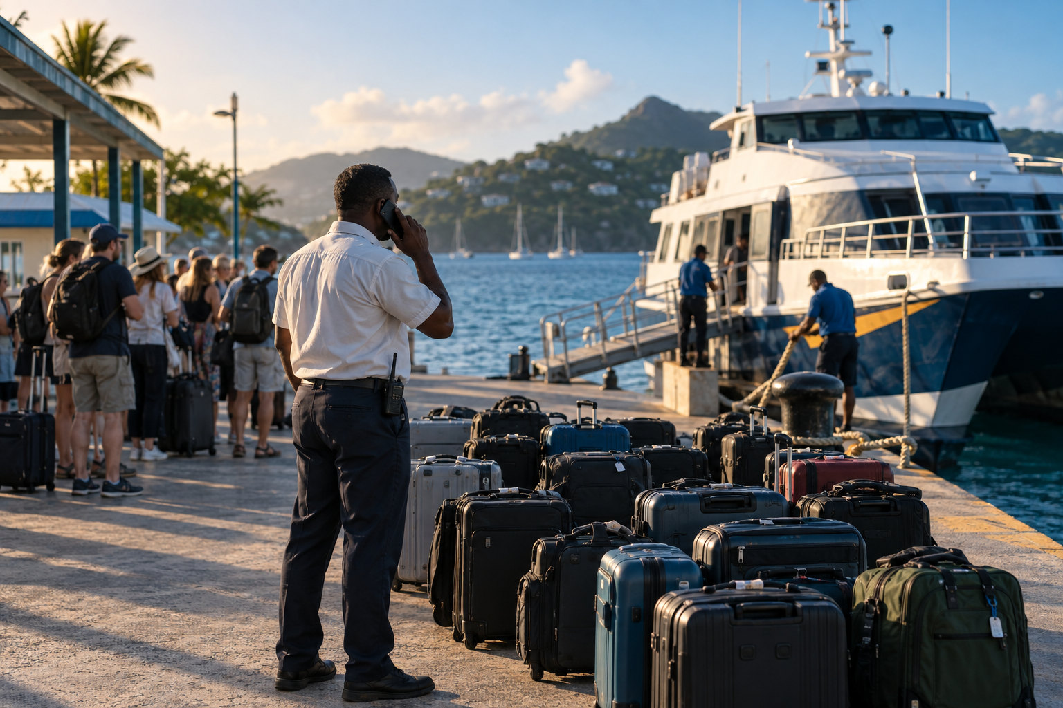 A ground coordinator on the phone beside a group's luggage at a Caribbean ferry terminal