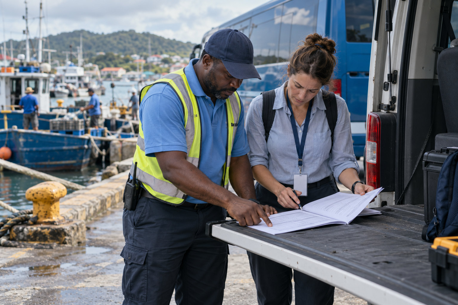 A local ground operator and a visiting tour operator reviewing a schedule on a van tailgate at a Caribbean quayside