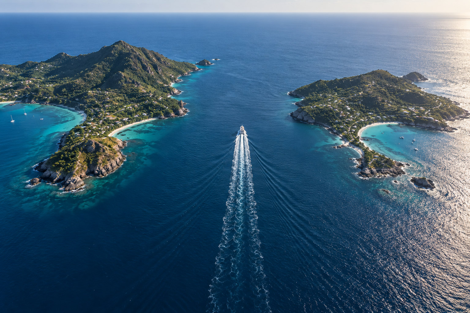 Two Caribbean islands separated by open water with a single ferry wake crossing the channel between them