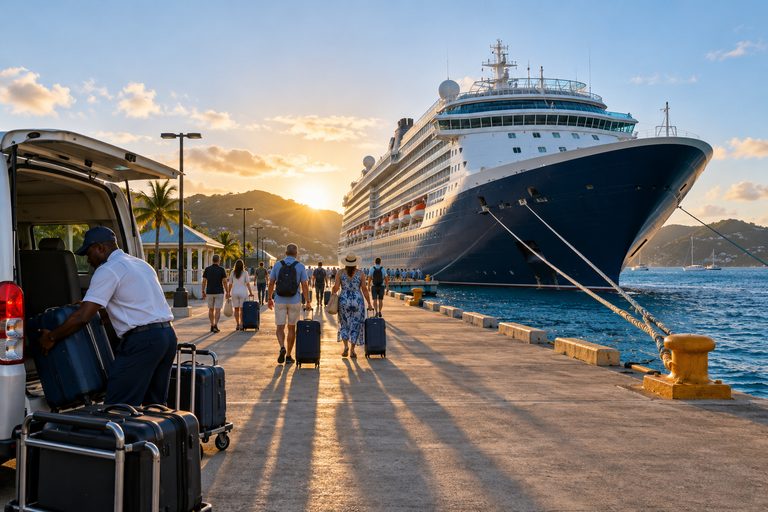 Luggage unloaded from a transfer van as guests walk toward a cruise ship berthed at a Caribbean pier at sunset