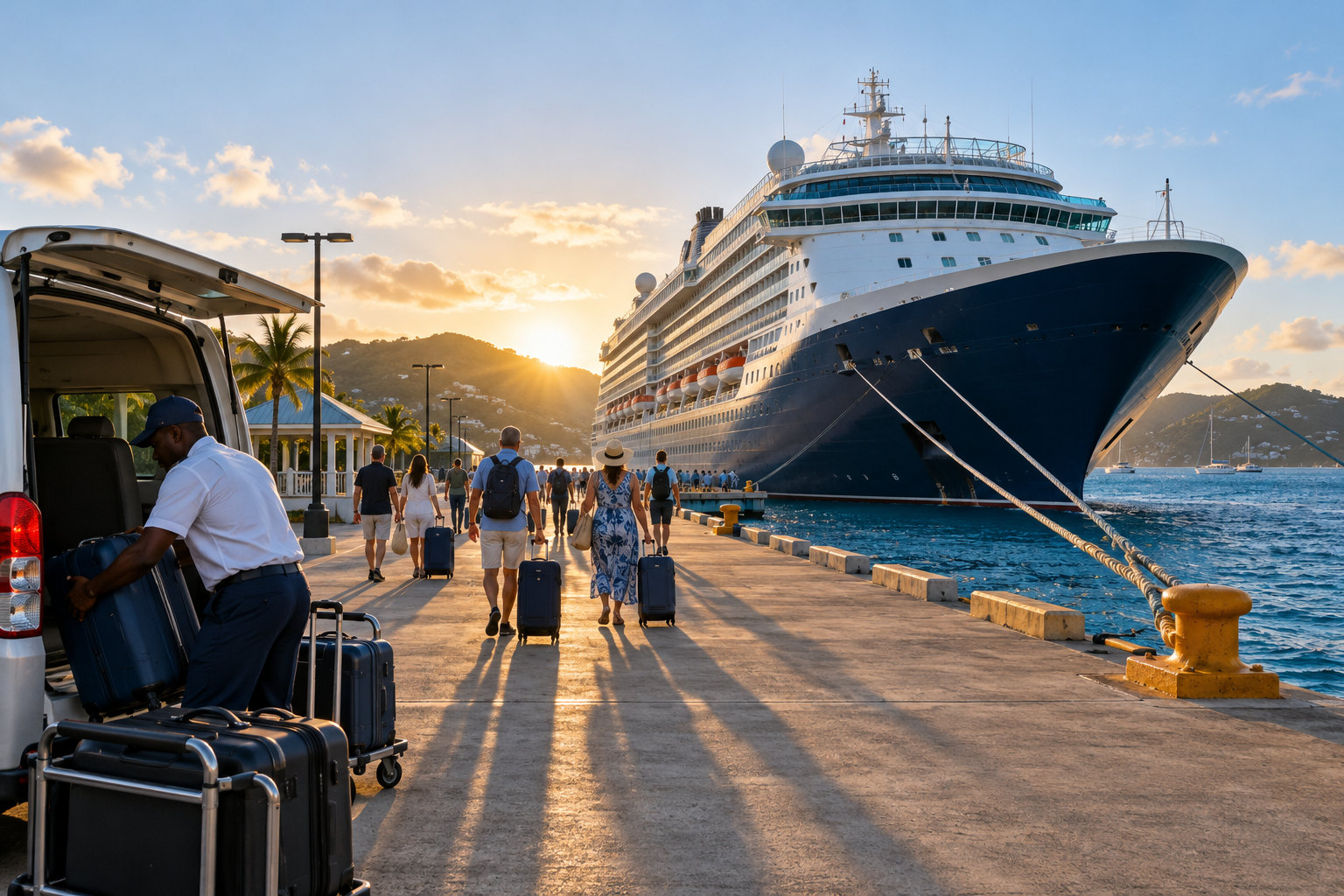 Luggage unloaded from a transfer van as guests walk toward a cruise ship berthed at a Caribbean pier at sunset